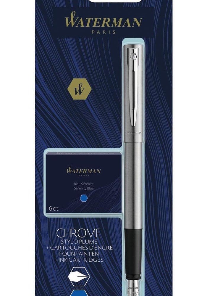 وترمان Waterman Allure Chrome CT Fountain Pen with 6 Blue Ink Cartridges - Image 2